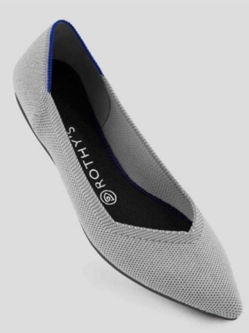 Rothy's Pointed Ballet Flat - Light Gray with Blue Trim
